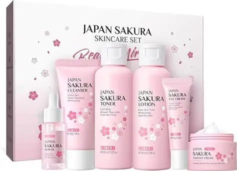 Japan Sakura Skincare Set – Limpiador, Tónico, Suero, Crema de Ojos y Crema Esencial